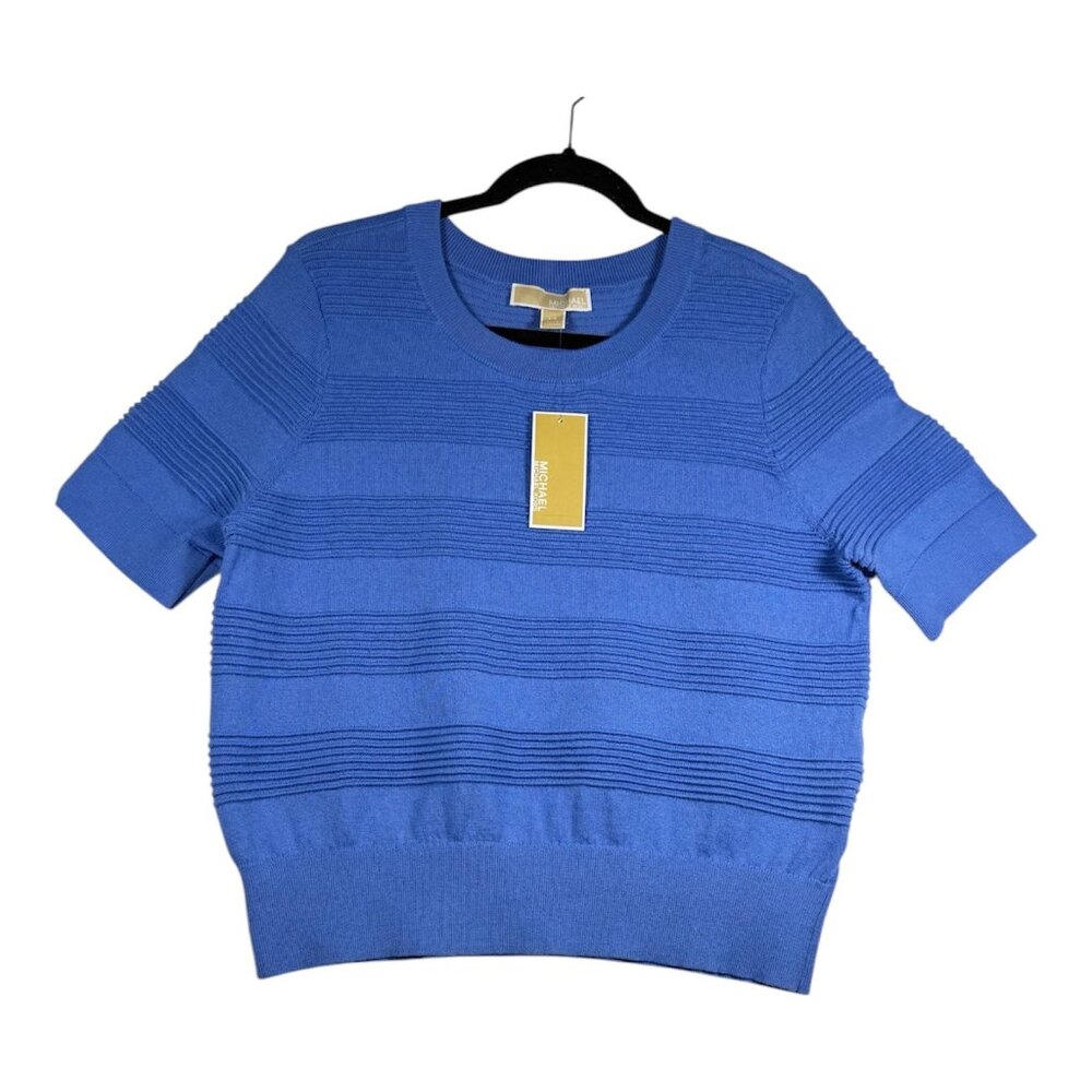 Michael Kors Womens Crew Blue Sweater Size Large Ribbed Knit Cotton Blend